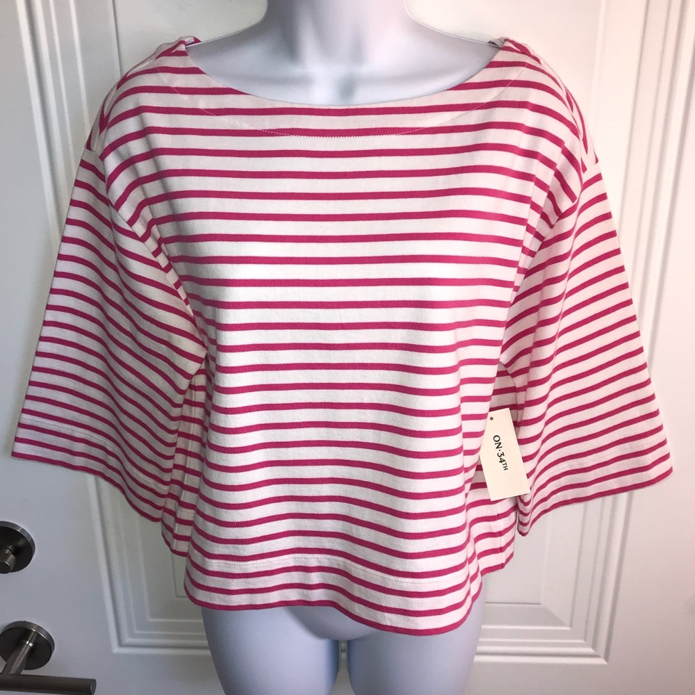 On 34th Women’s XS Cotton Fuchsia Pink Stripe boat neck wide 3/4 sleeve top NWT - Picture 7 of 13